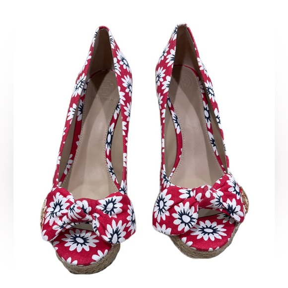 Tory Burch Dory Nantucket Red Navy Sea White Primrose Peep Toe Espadrille Wedges - Picture 2 of 15